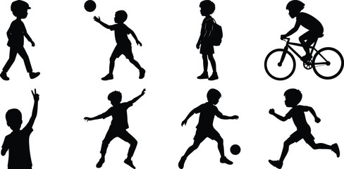 Happy children vector silhouette set, kids vector silhouette bundle isolated on transparent background