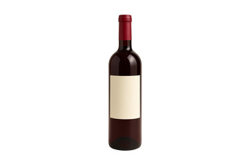 Obraz premium Dark red wine in standard wine bottle with blank cream label and cork, isolated on a transparent background