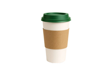Disposable coffee cup with green lid and brown cardboard sleeve for hot drinks, isolated on a transparent background