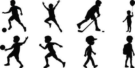 Happy children vector silhouette set, kids vector silhouette bundle isolated on transparent background