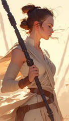 Young woman with staff against golden sky anime illustration