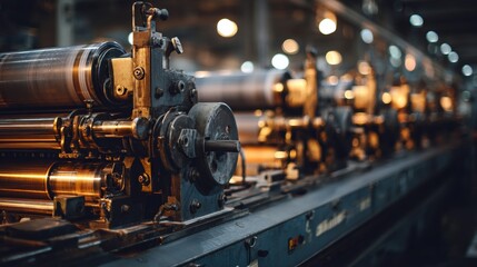 Fototapeta premium Industrial printing press in full operation, showcasing intricate machinery details. Precision and efficiency in modern manufacturing.