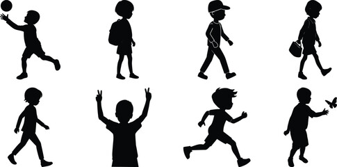 Happy children vector silhouette set, kids vector silhouette bundle isolated on transparent background