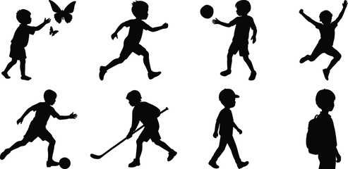 Happy children vector silhouette set, kids vector silhouette bundle isolated on transparent background