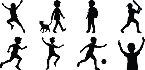 Happy children vector silhouette set, kids vector silhouette bundle isolated on transparent background