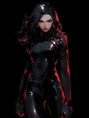A fierce female character stands against a black background, her shiny black bodysuit with red accents and clenched fists exuding a powerful, comic book-inspired presence.
