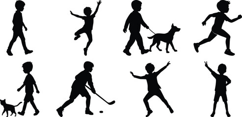 Happy children vector silhouette set, kids vector silhouette bundle isolated on transparent background