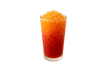 Orange-red frozen slushie or granita beverage in clear glass with crushed ice, isolated on a transparent background