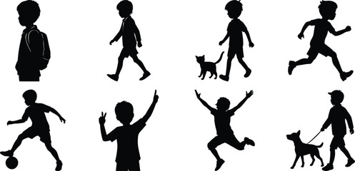 Children playing running silhouette set. Children activity vector isolated on white transparent background
