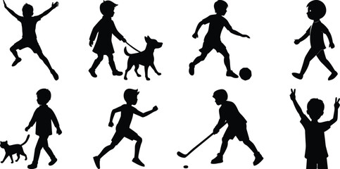 Children playing running silhouette set. Children activity vector isolated on white transparent background
