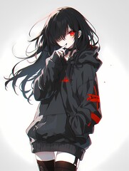 Mysterious woman with red eyes and black hoodie, gazing at viewer with subtle smile.