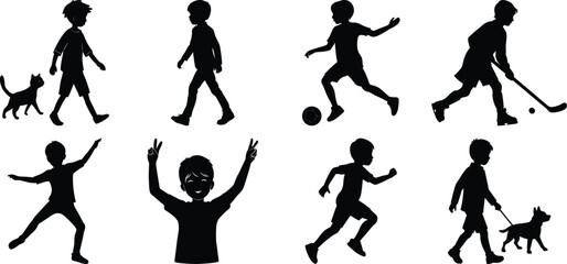 Children playing running silhouette set. Children activity vector isolated on white transparent background

