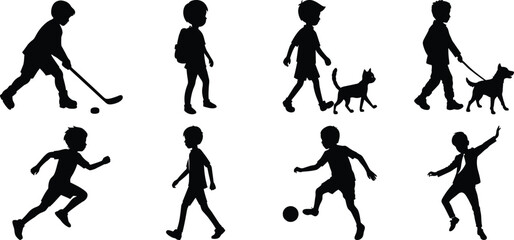 Children playing running silhouette set. Children activity vector isolated on white transparent background
