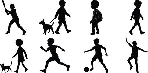 Children playing running silhouette set. Children activity vector isolated on white transparent background
