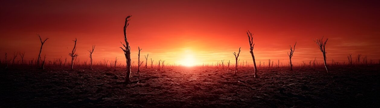 A vast, burning wasteland where the air itself shimmers with unbearable heat, distant mountains reduced to dust, abandoned relics of human civilization buried in the sand