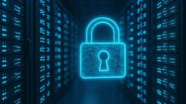 Digital glowing lock symbol floating in secure data center server room, visualizing cybersecurity, data safety, internet privacy, and advanced technology protection concepts.