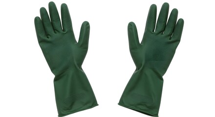 Obraz premium Two green rubber gloves isolated on a white background for cleaning or protection