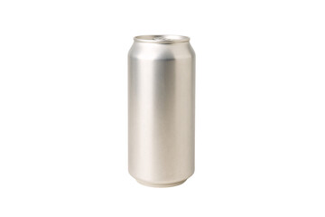 Silver aluminum beverage can with pull-tab top for carbonated drinks and other canned beverages, isolated on a transparent background
