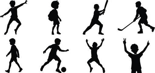 Children playing running silhouette set. Children activity vector isolated on white transparent background
