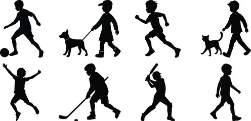 Children playing running silhouette set. Children activity vector isolated on white transparent background
