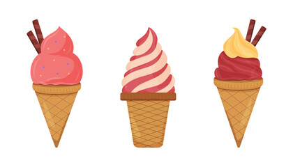 Three colorful ice cream cones showcase delightful flavors and swirls.