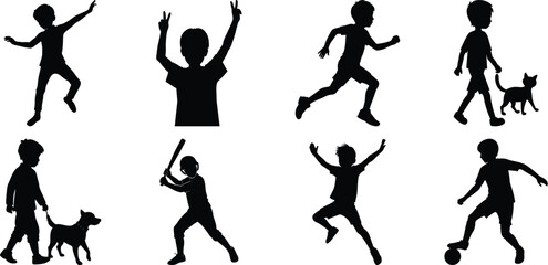 Children playing running silhouette set. Children activity vector isolated on white transparent background
