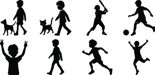 Children playing running silhouette set. Children activity vector isolated on white transparent background
