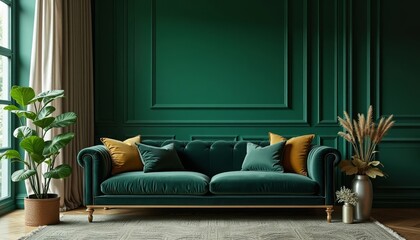 Green Velvet Sofa with Emerald Wall and Accent Pillows