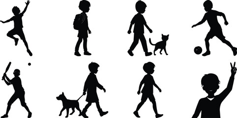 Children playing running silhouette set. Children activity vector isolated on white transparent background
