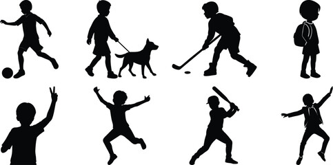 Children playing running silhouette set. Children activity vector isolated on white transparent background
