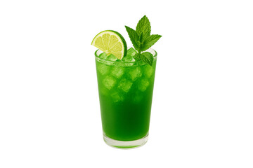 Vibrant green mojito-style cocktail with lime wheel and fresh mint leaves over ice, isolated on a transparent background
