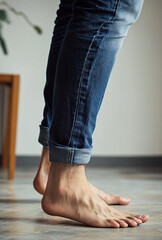 Close up of a person wearing jeans standing barefoot on a tiled floor indoors