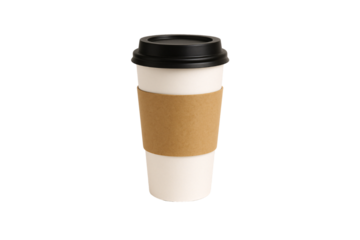 White paper coffee cup with black lid and tan protective sleeve band, isolated on a transparent background