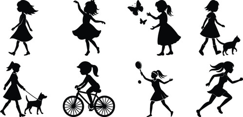 Naklejka premium Children playing running silhouette set. Children activity vector isolated on white transparent background 