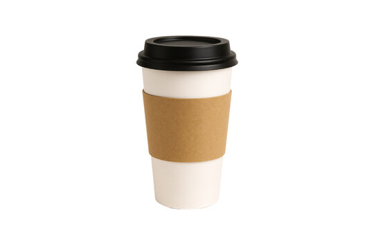 White paper coffee cup with black lid and tan protective sleeve band, isolated on a transparent background