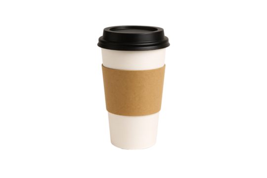 White paper coffee cup with black lid and tan protective sleeve band, isolated on a transparent background