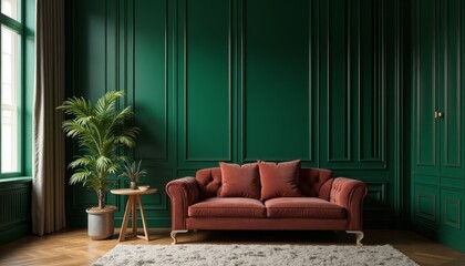 Velvet sofa with palm tree and green wall