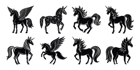 Obraz premium Flying unicorn silhouette vector set with abstract manes, dynamic poses and magical wings for fantasy art, storybooks, and mystical illustration needs.