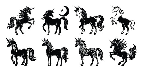 Obraz premium Modern unicorn vector silhouettes featuring polygonal and winged designs for futuristic, stylized or fantasy themed creative projects.