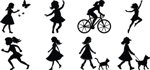 Children playing running silhouette set. Children activity vector isolated on white transparent background
