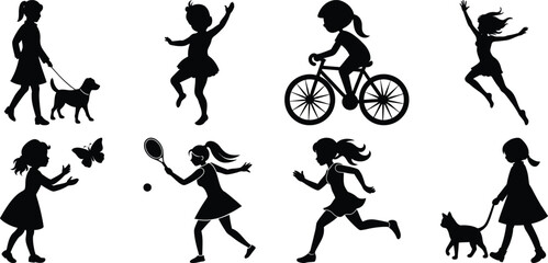 Children playing running silhouette set. Children activity vector isolated on white transparent background
