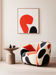 Bold patterned armchair and abstract wall art in minimalist interior. A modern fusion of design, playful creativity, and joyful emotion
