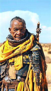 Smiling Himba elder wearing traditional attire, standing in sunlit Namib Desert landscape, representing indigenous cultural heritage and authentic lifestyle,Himba elder