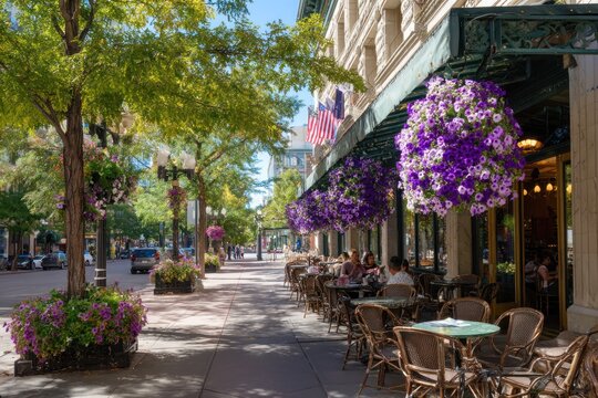 City street cafe, sunny day