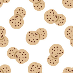 Seamless Chocolate Chip Cookie Pattern — cartoon flat cookies with chocolate chips scattered on white background, perfect for cozy and sweet-themed designs.