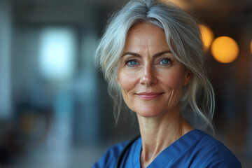 Obraz premium Woman with grey hair in blue scrubs.