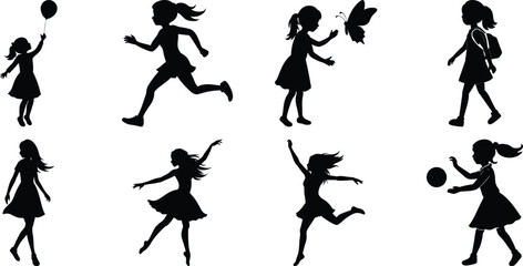Children playing running silhouette set. Children activity vector isolated on white transparent background
