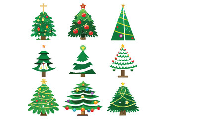 Christmas trees set isolated on white background. Colorful winter trees collection for holiday xmas and new year