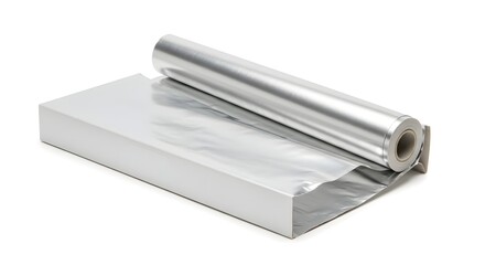 A roll of aluminum foil on its box isolated on a white background in a studio shot