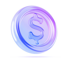 3d glass holographic transparent coin icon render. Cash money with dollar sign and blue purple neon gradient. Crystal currency symbol. Banking interface graphic or economic report. 3D illustration